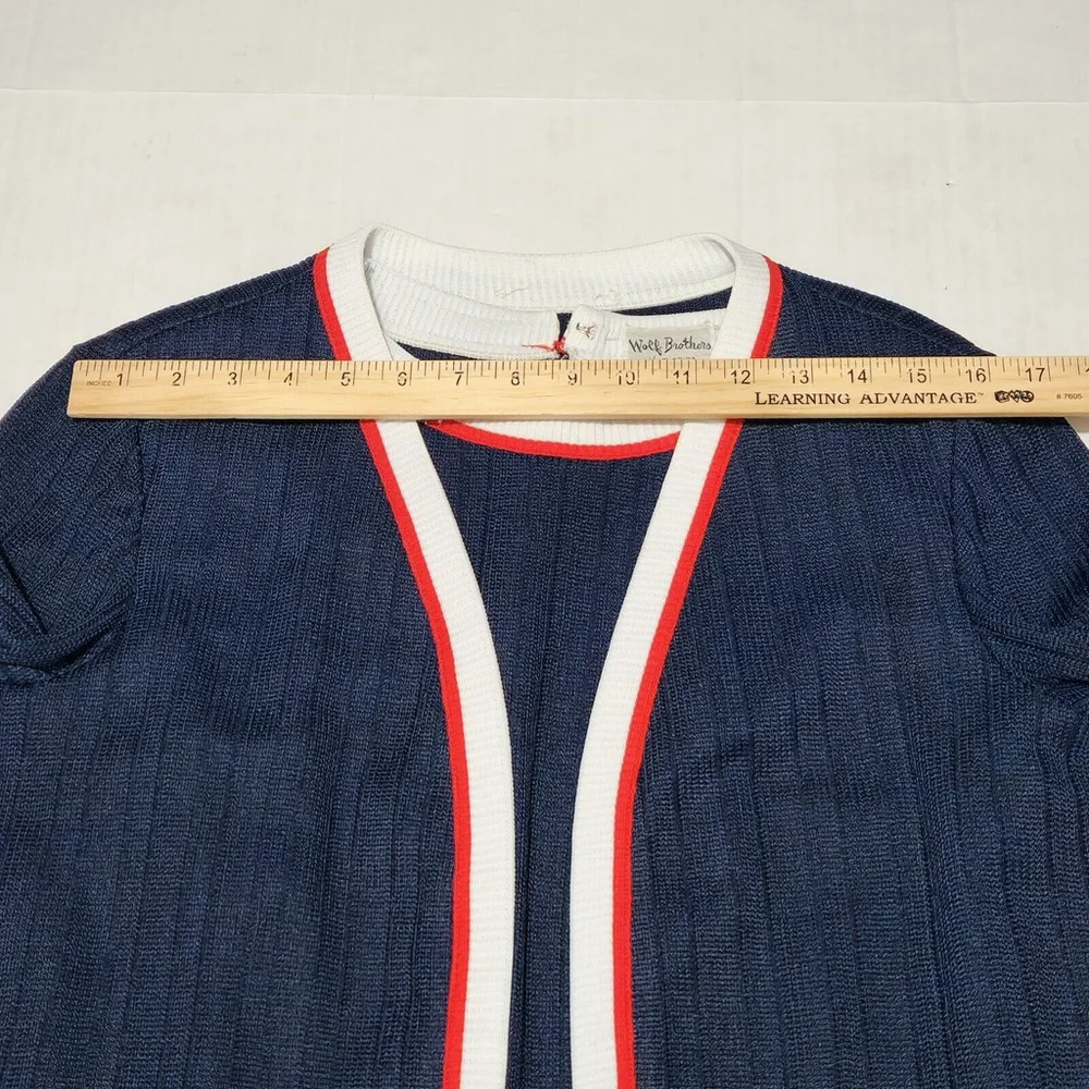 Iconic Wolf Brothers Of Florida Blue Cardigan Red White Stripes Pockets Size 14